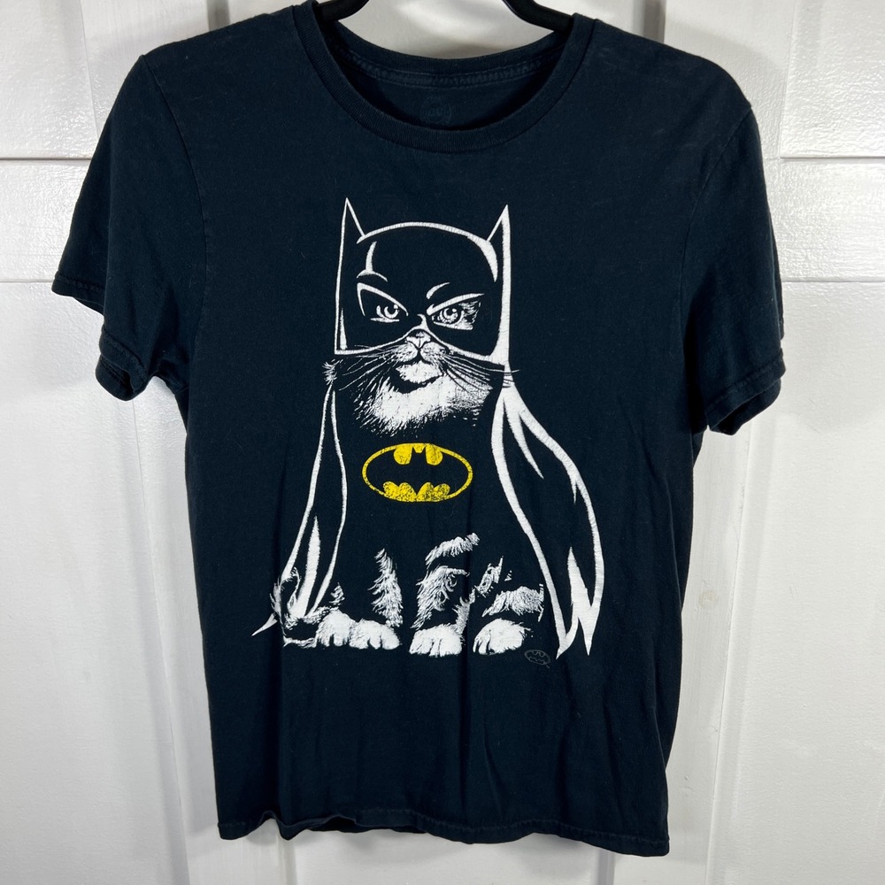 Batman Cat Graphic T-Shirt Black Short Sleeve Crewneck Parody Tee Small
